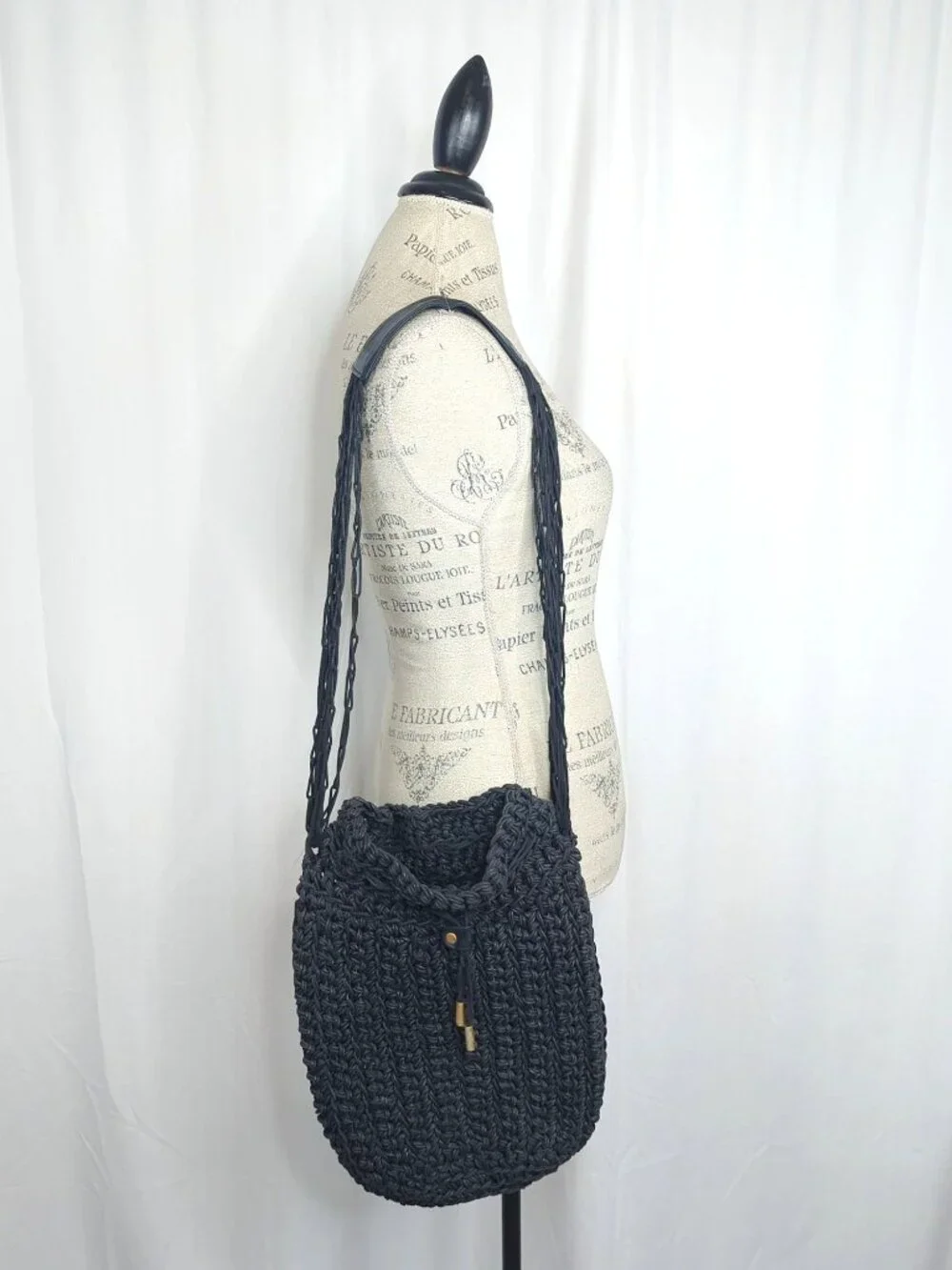 Vintage 90s Sharif Bag Shoulder Black Bucket Leather Woven Handmade